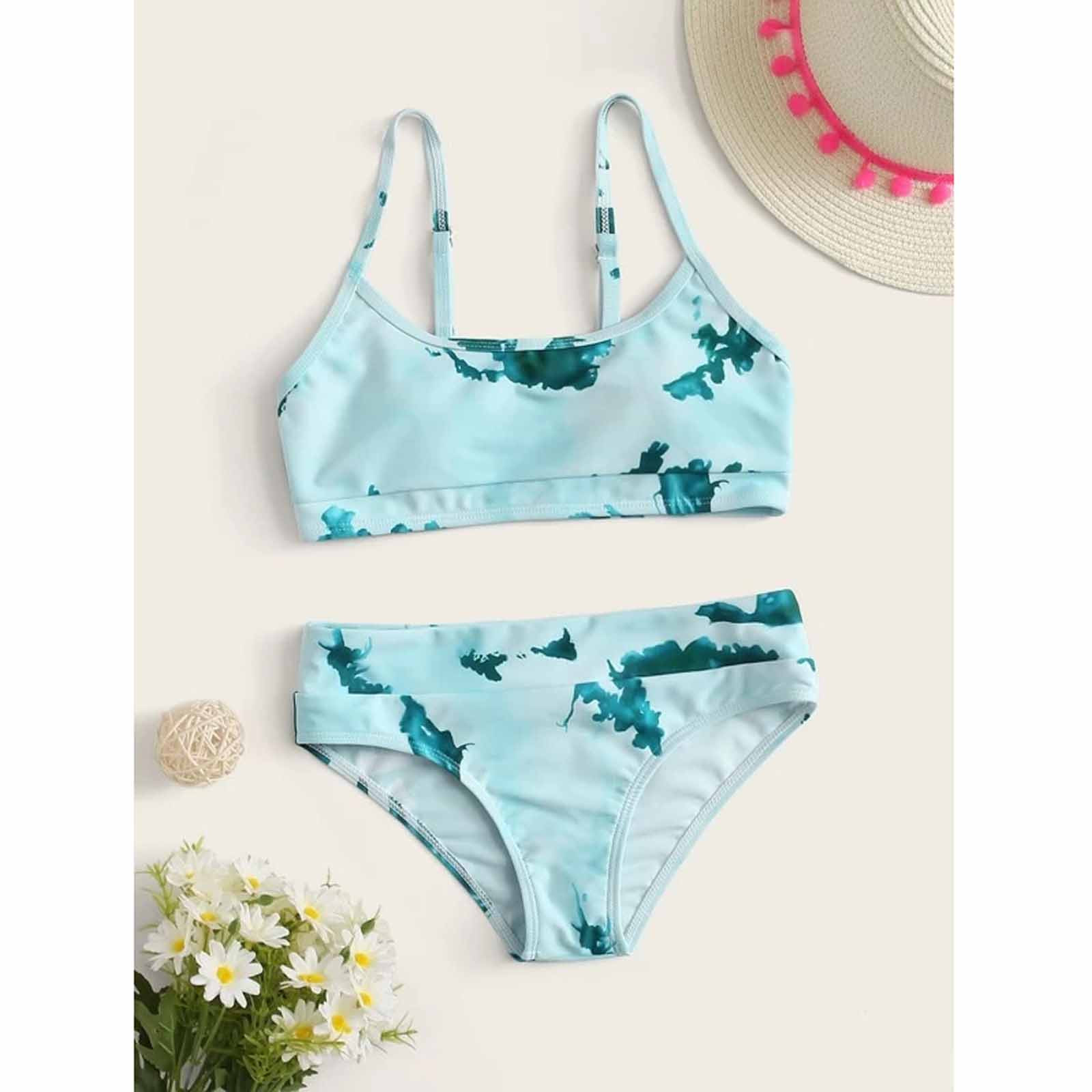UlyssesAl Toddler Girls Tie-Dye Print Suspender Swimwear Summer 2PCS