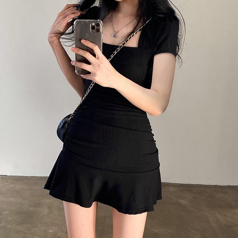 Beautifultime Phụ Nữ Đầm Mini Mùa Hè Bodycon tay ngắn Cổ Vuông Ruched Đầm Ngắn Dự Tiệc Grunge màu trơn váy ngắn