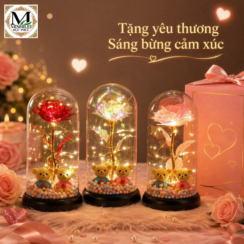 Mishilei Hoa hồng bất tử đèn LED phát sáng hộp kính trang trí bàn quà tặng ngày lễ sinh nhật lưu niệm