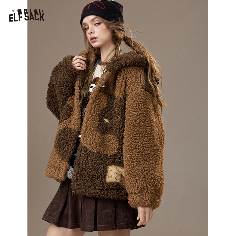 ELFSACK Winter New Arrivals Casual Warm Faux Shearling Hooded Color Block Wool Blend Coat For Woman ราคา 3,560 บาท*ส่งฟรี