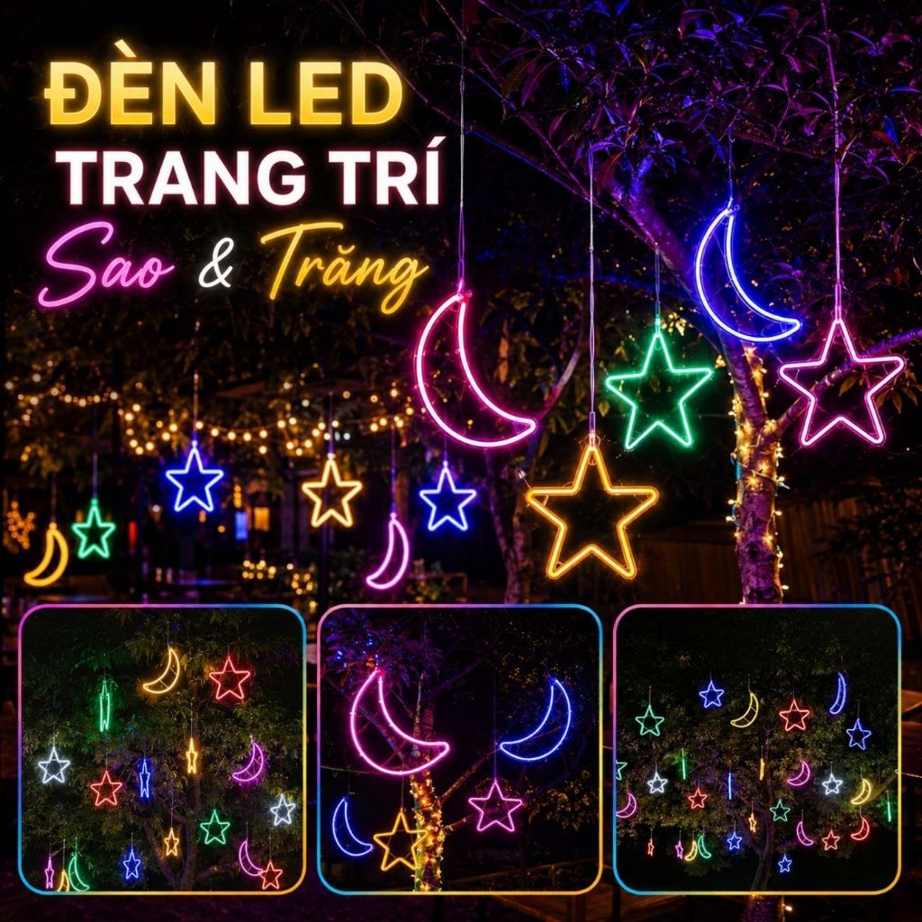 Đèn LED treo ngoài trời hình trăng sao chống nước - Đèn nháy trang trí Trung Thu, quán cafe, trà sữa lung linh