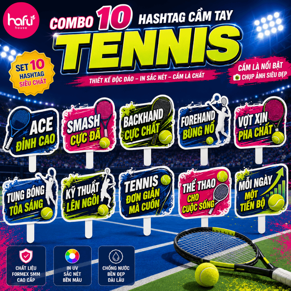[HỎA TỐC HCM] Combo Hashtag Tennis Cầm Tay Phụ Kiện Check In Sự Kiện Giải Đấu Team Building