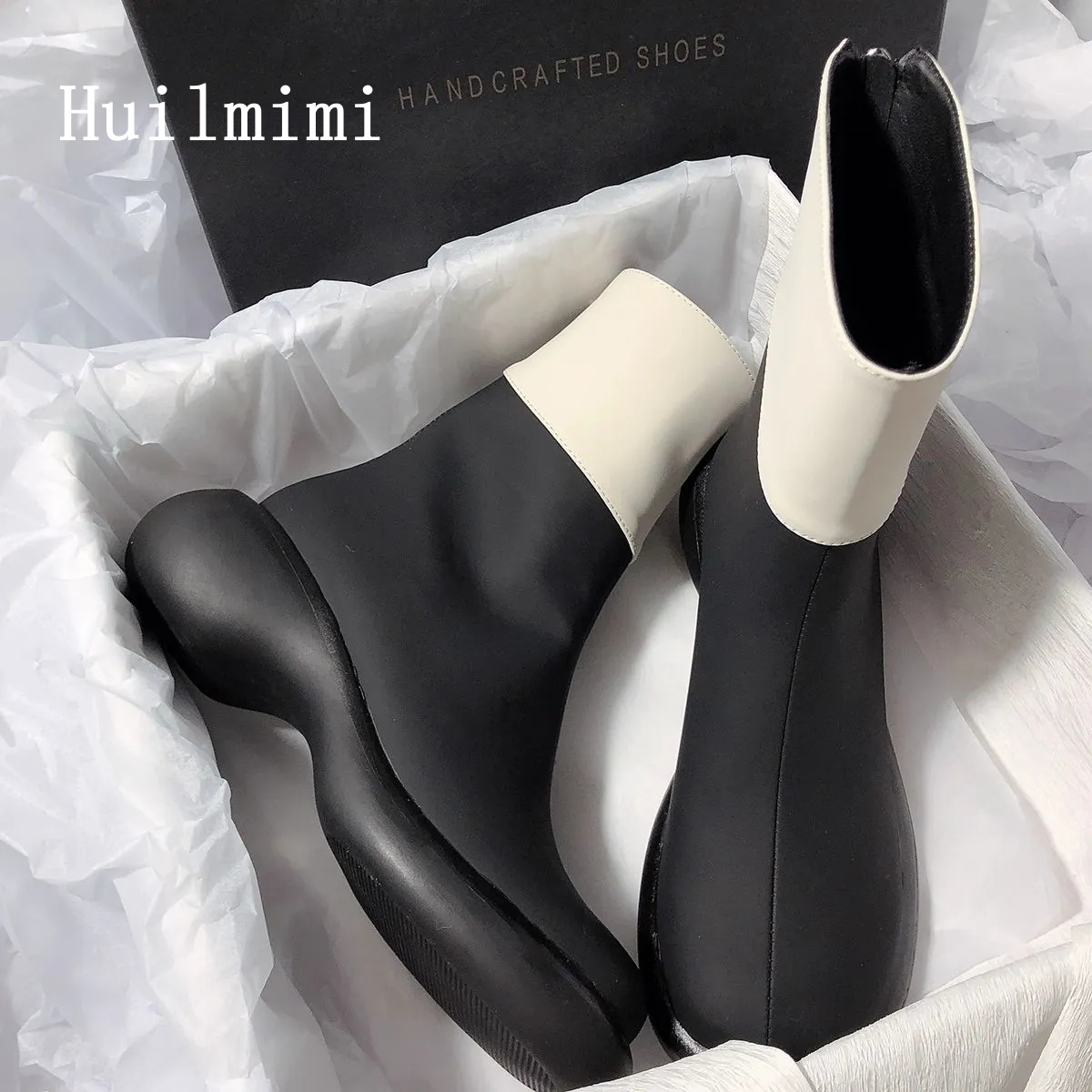 Huilm, phụ nữ khởi động 2025 handmade Giày nữ Mũi Tròn Đế dày ghép màu thời trang khí chất bốt cổ thấp pháp của phụ nữ khởi động
