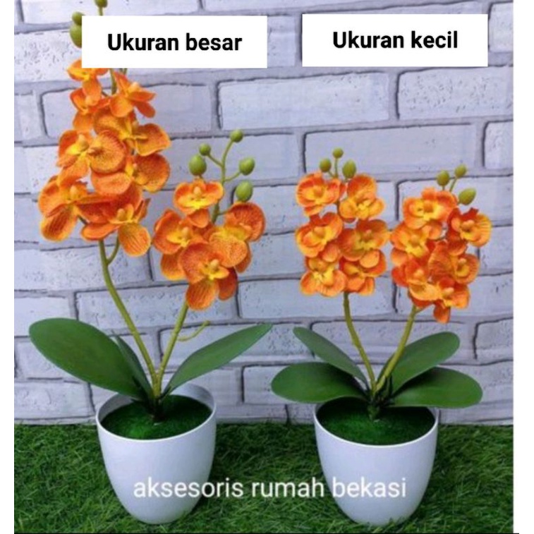 Bunga anggrek artificial 2 cabang dengan pot bulat lumut
