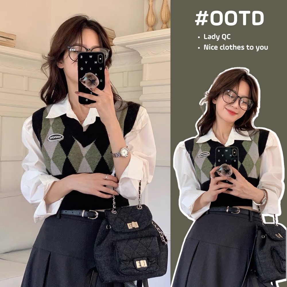 Gile nữ ulzzang họa tiết phối màu hình trám, Áo len ghi lê kiểu hàn form vừa basic kiểu dáng học sinh