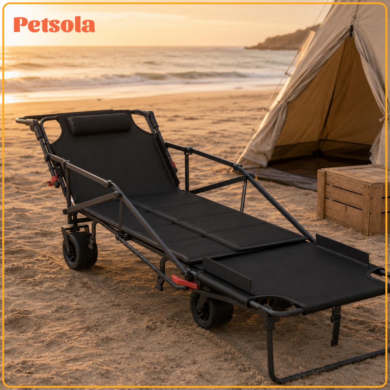 petsola Reclinable Reclining Wagon Padded Headrest Four-Wheel Folding Wagon Black Outdoor Gear ราคา 13,346 บาท*ส่งฟรี