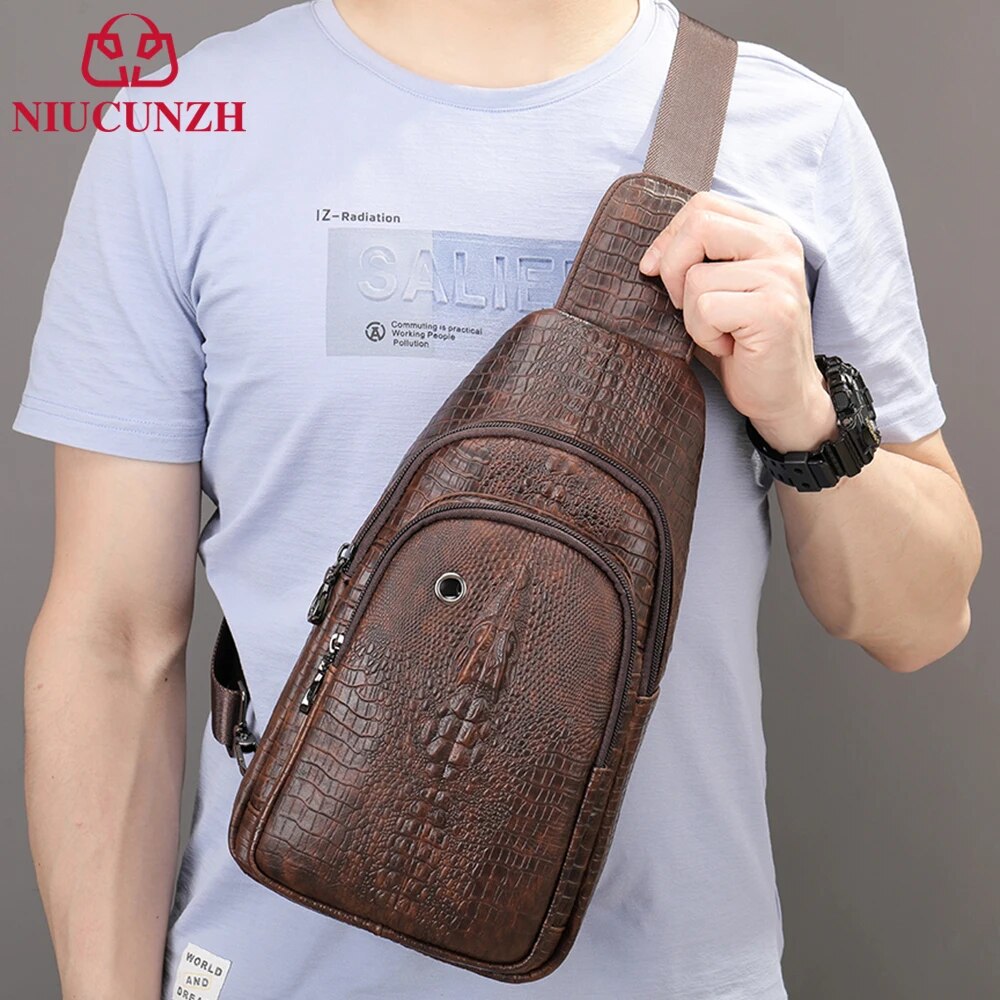 ZZOOI NIUCUNZH Genuine Leather Sling Bag Chest Pack Crocodile Design Crossbody Shoulder Bags Travel Sports Hiking Men Phone Pouch ราคา 1,135 บาท*ส่งฟรี