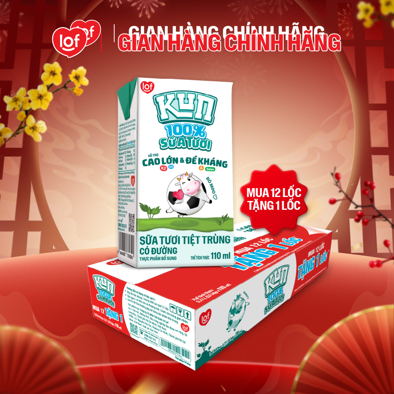 100% sữa tươi KUN có đường thùng 52 hộp x 110ml