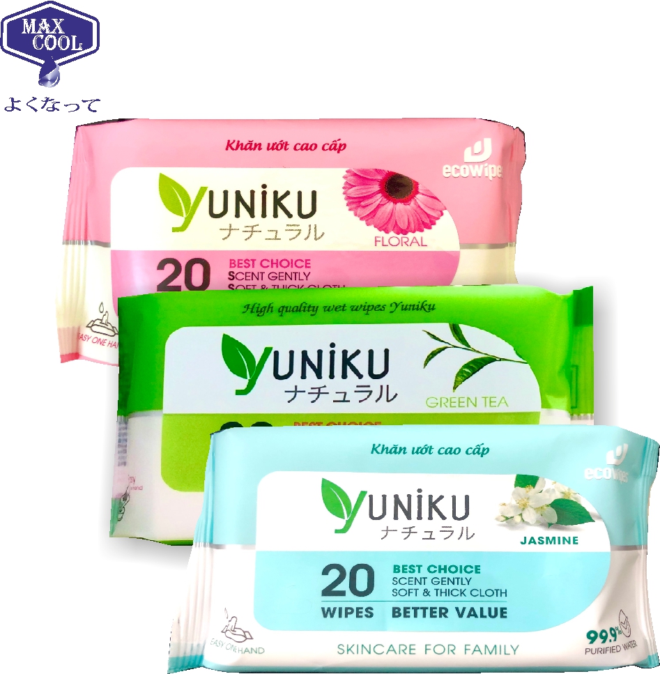 Combo 3 gói khăn ướt Yuniku 20 tờ hồng - hương phấn , xanh-hương trà xanh