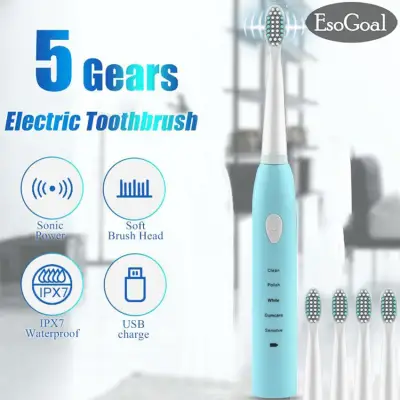 EsoGoal Smart Timer Sonic Electric Toothbrush USB Rechargeable Tooth Brush 5 Brushing Modes Deep Clean Teeth Whiten With 4 Brush Heads