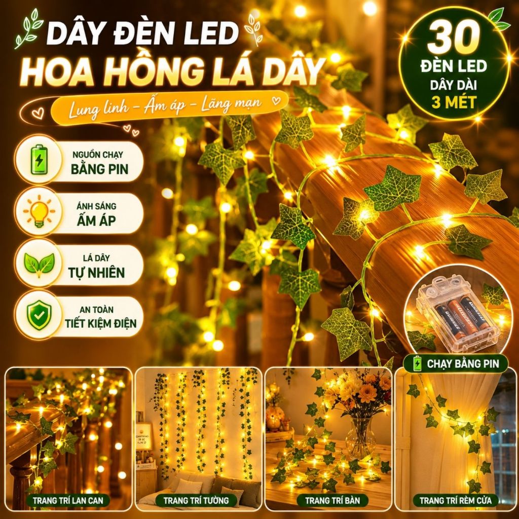 Dây leo giả + đèn led 3m dùng để trang trí cửa sổ, treo tường, trang trí phòng làm việc, decor sự kiện quán cà phê