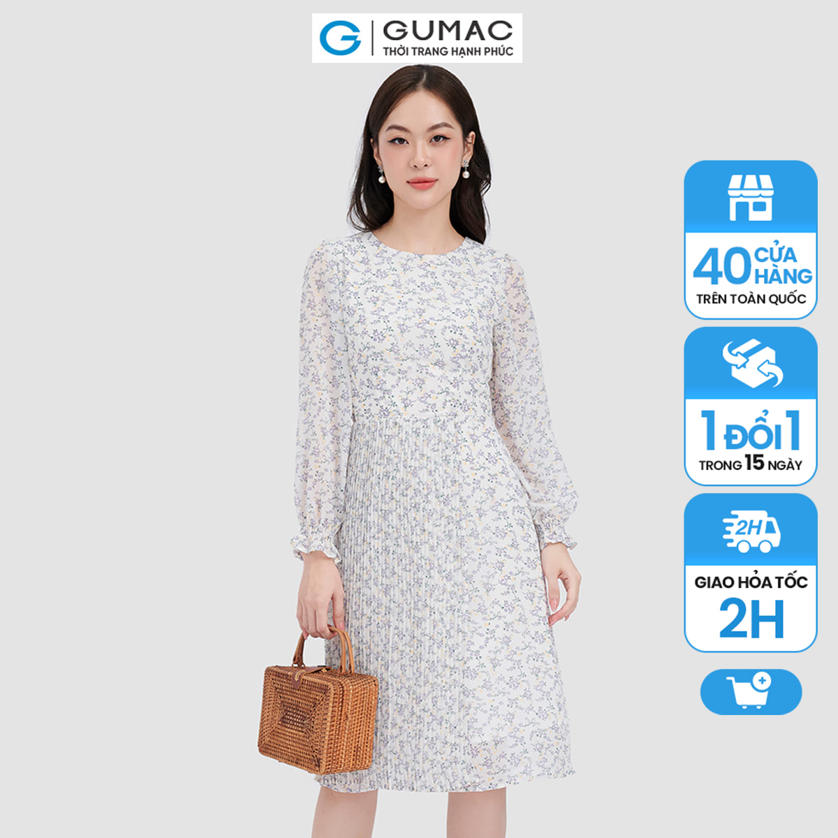 Đầm form a phối tà dập ly họa tiết hoa gumac dc10073