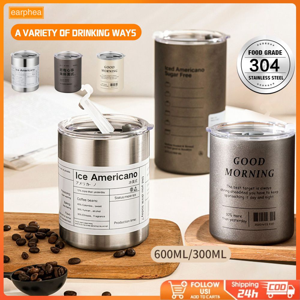 Stainless Steel Coffee Cup with Straw and Cover, 360/600ml