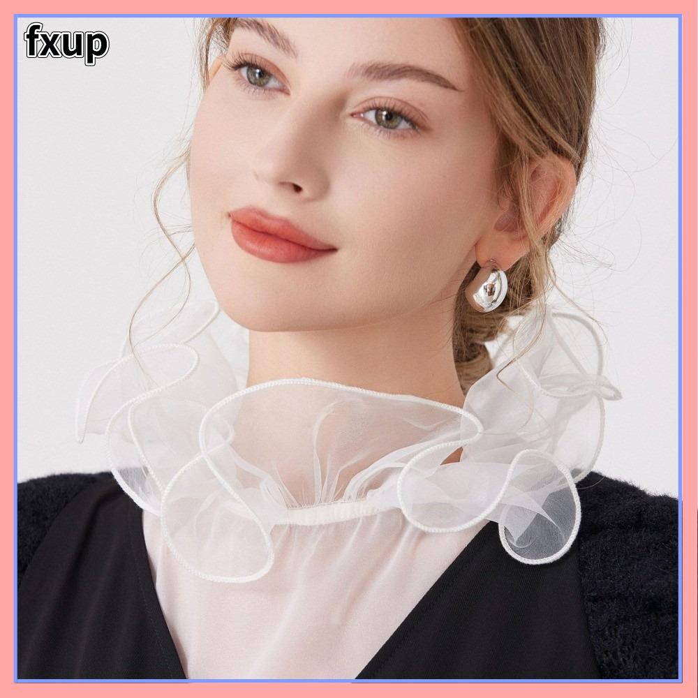 FXUP Viền polyester Cổ áo giả Viền ren Thiết kế xếp nếp Áo sơ mi nửa thân Thanh lịch Còng tay đồng bộ Dây đeo cổ Váy Áo Sơ Mi