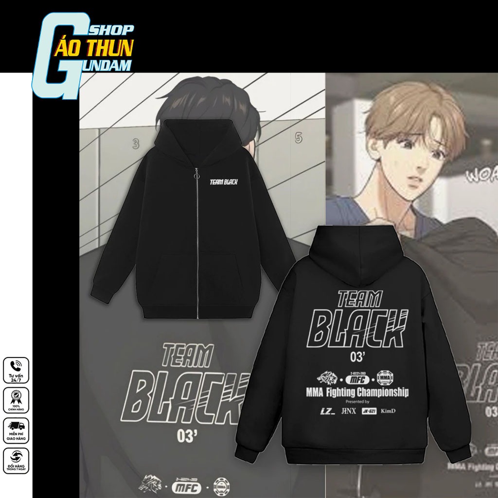 Áo khoác hoodie mũ TEAM BLACK Manhwa Jinx Outfit Joo nam nữ đủ fullsize cực chất | Shop GUNDAM