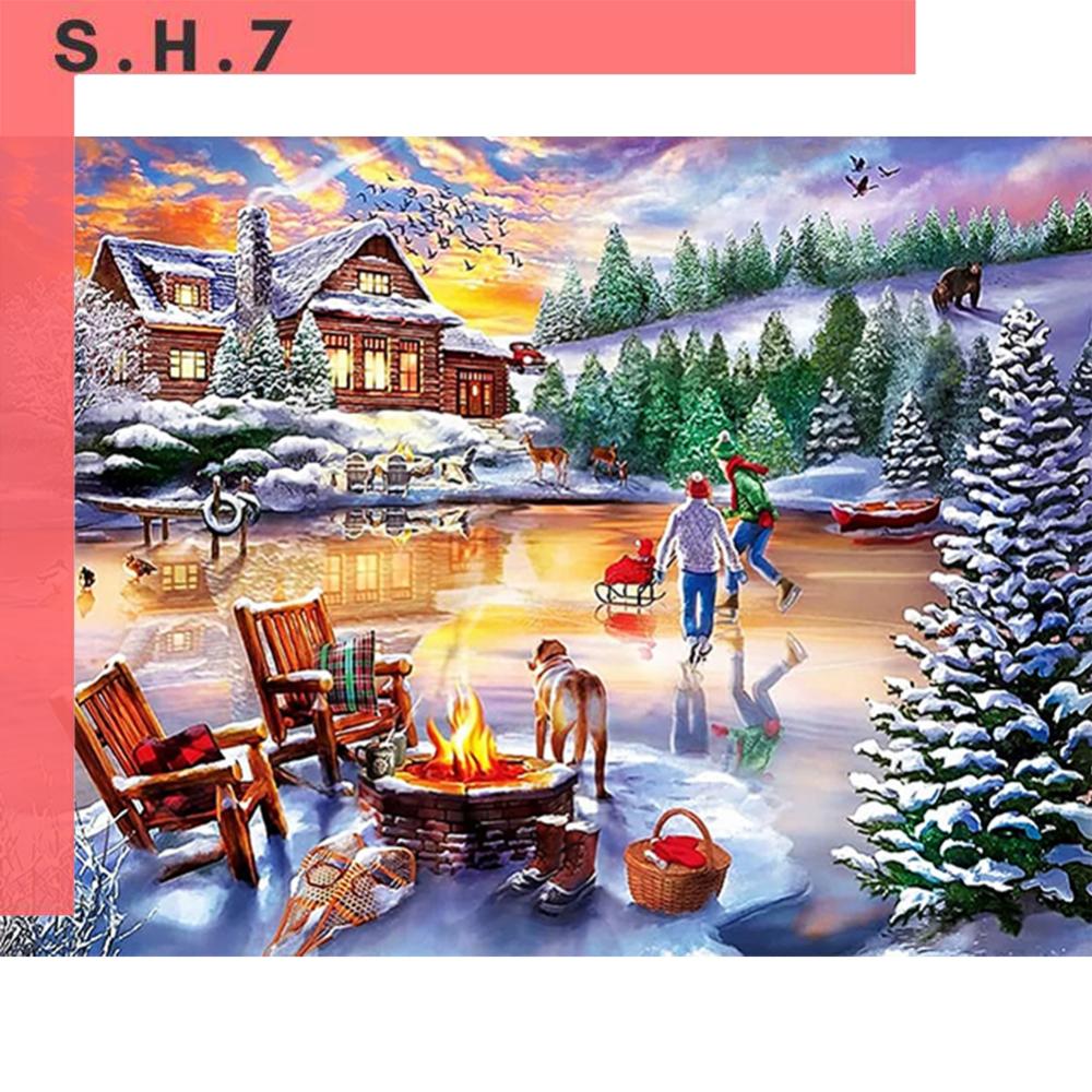 5D DIY Full Square Drill Diamond Painting Rural Winter Scene Home Decor 40x30cm