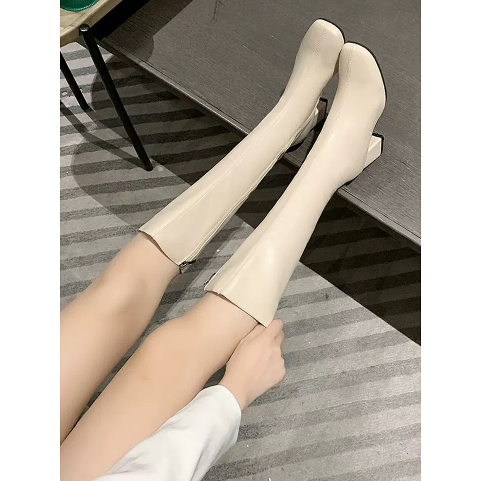 (2 màu ) Giày boots nữ cổ cao  bốt nữ gót vuông 5p ôm chân thọn gọn cực xinh