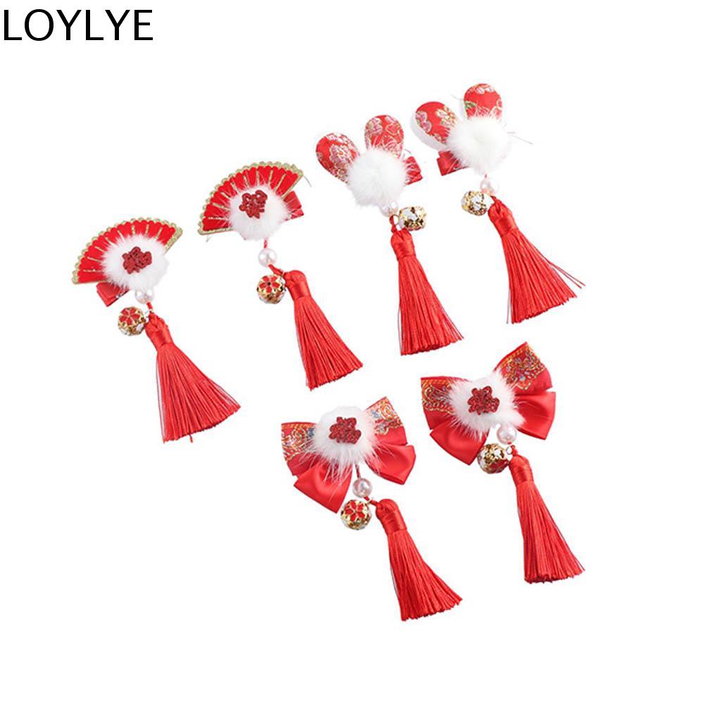 LOYLYE Vải nhung lông Kẹp tóc nơ đỏ cho trẻ em Thỏ Tua rua Kẹp tóc phong cách cổ xưa Đáng yêu Vải Phụ kiện đội đầu năm mới Trung Quốc Trẻ em