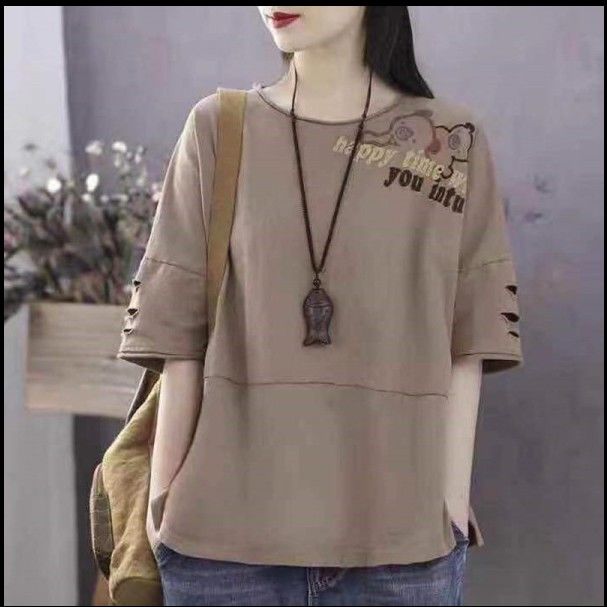 100% Pure Cotton Hong Kong Style Short Sleeved Patchwork T-shirt Women's Loose Top