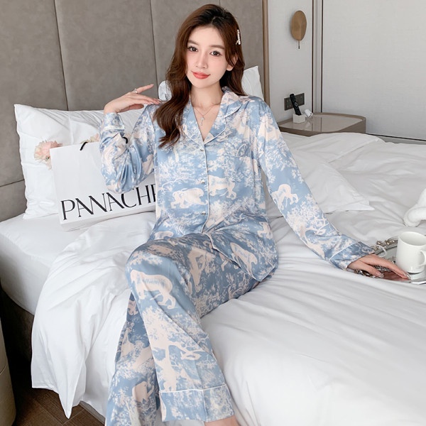 Bộ Đồ Ngủ Tay Dài Chất Lụa Cao Cấp Màu Nhuộm Xanh Dương Hồng Phong Cách Hàn Quốc Baju Tidur Wanita