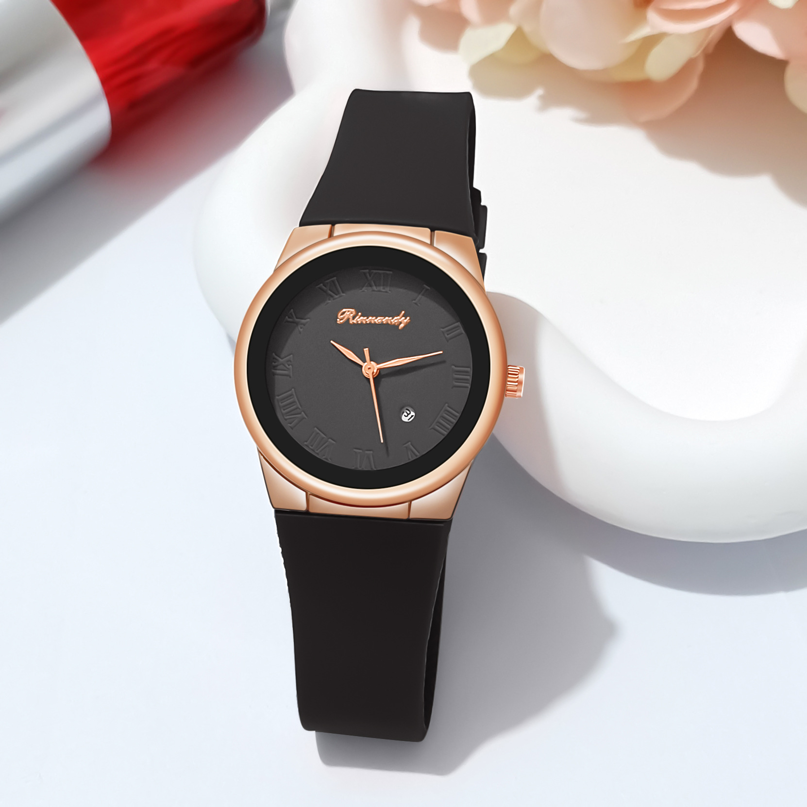 Women's Fashion Simple Niche Silicone Band Roman Characters Face Band Calendar Quartz Watch