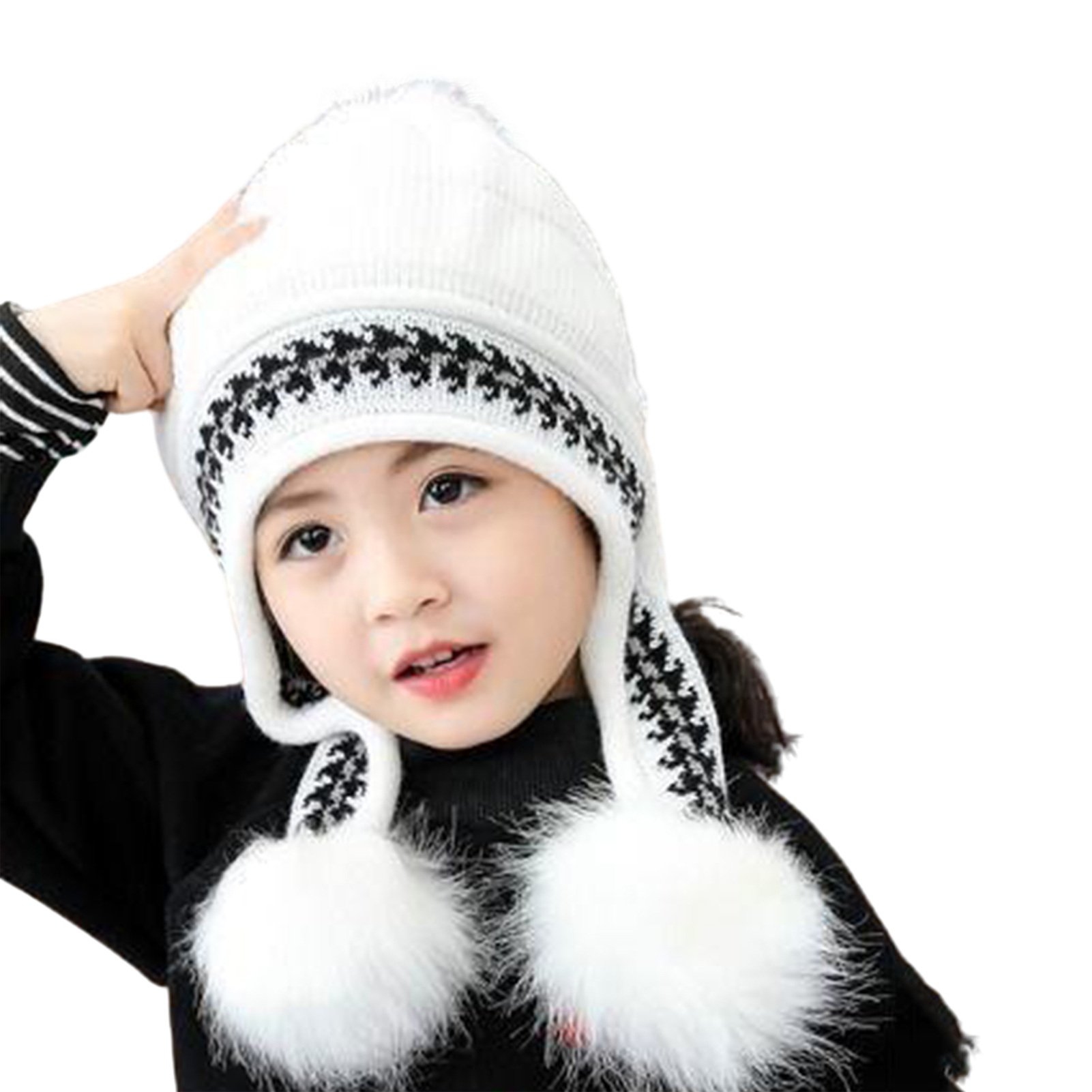 Knitted Hat with Faux Fur Pom-pom Kids Beanie Hat with Faux Fur Balls Cozy