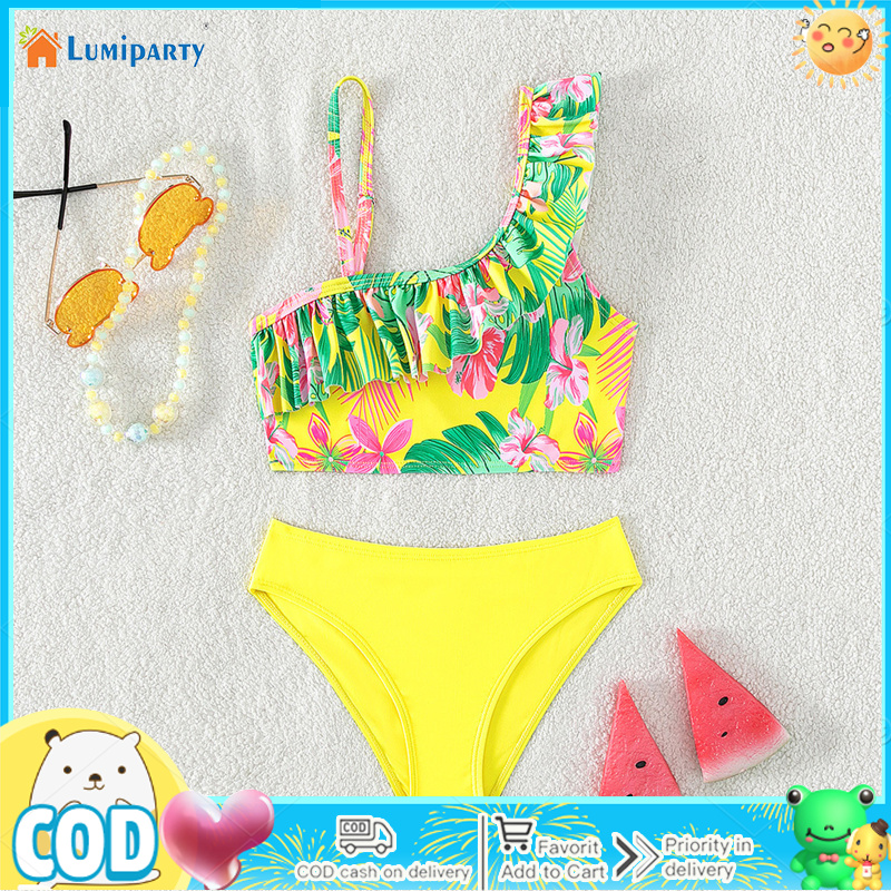 Toddler Girls Two Pieces Ruffle One Shoulder Plant Printing Bathing Suit Infant Baby Girl Bikini Swimsuit For Indoor Outdoor Swimming Bathing ราคา 205 บาท*ส่งฟรี