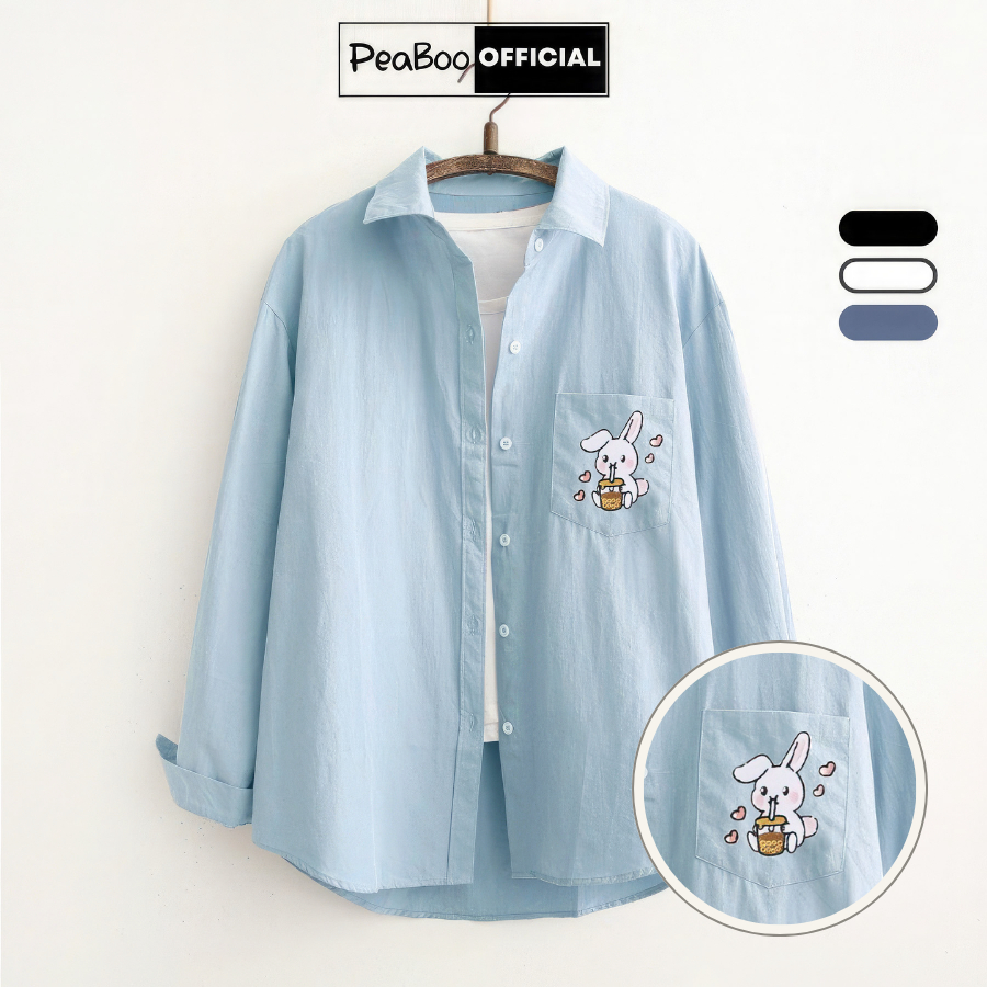  Áo Sơ Mi Nữ Sơ Mi Nam Nữ Dài Tay Unisex By PEABOO Mã BST09 In Hình Chất Đũi Xước Có Túi Ngực Form Rộng Phong Cách Hàn 