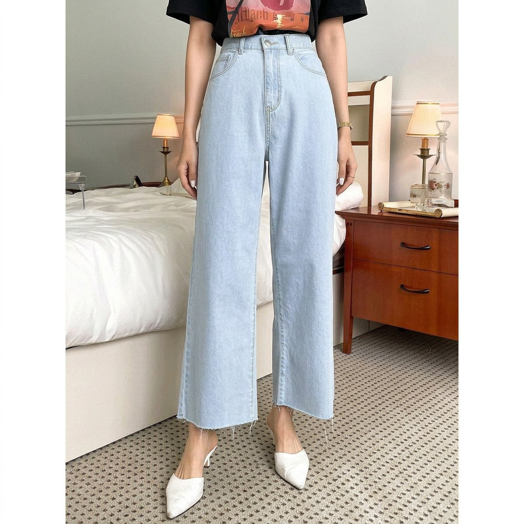 Women Ice Blue Wide Leg High Waist Calf Lenght Denim Jeans  Export Quality  ZRANZIE