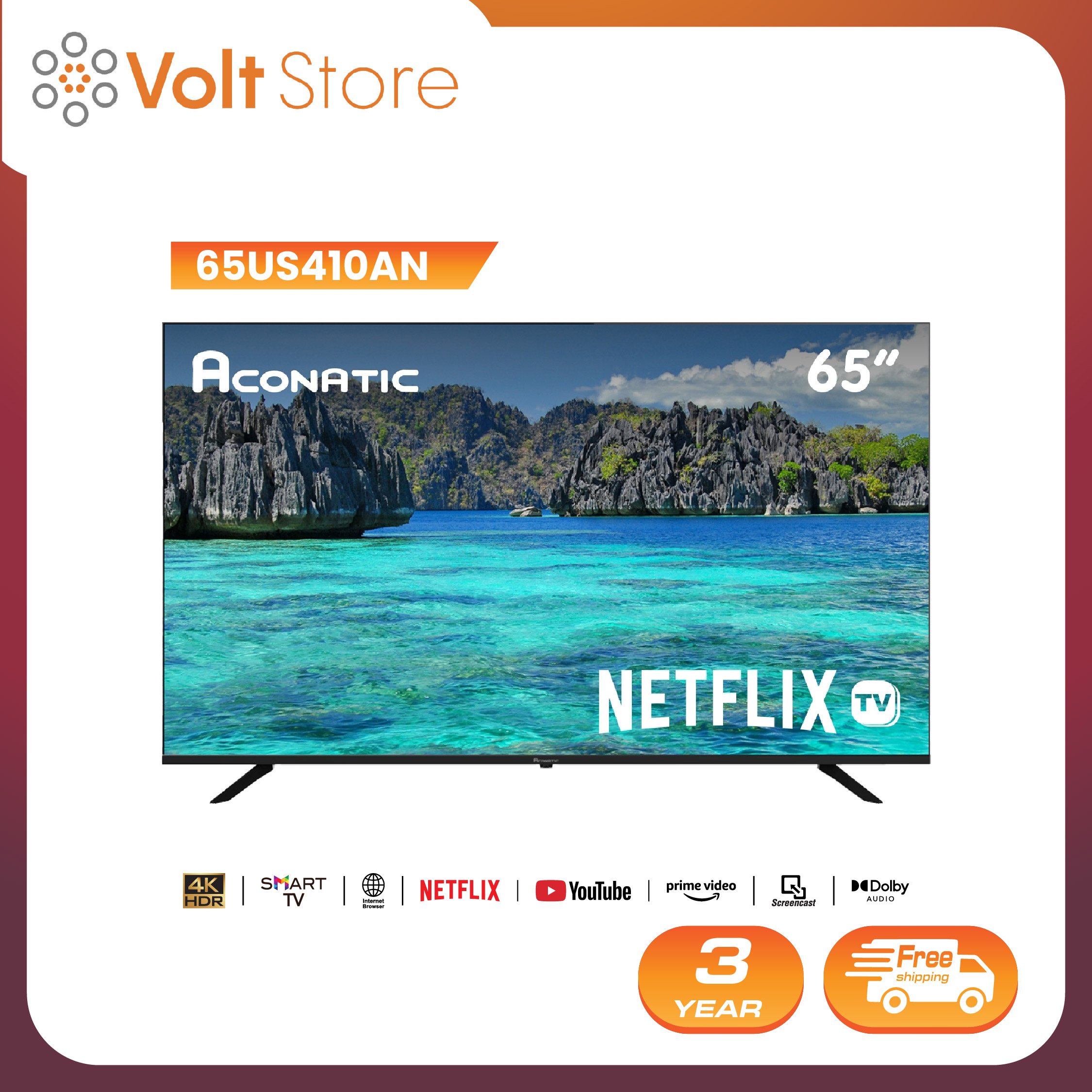 ใหม่ Aconatic ทีวี 65 นิ้ว LED 4K HDR Netflix TV รุ่น 65US410AN Smart TV (Netflix v5.3) สมาร์ททีวี (รับประกัน 3 ปี) ราคา 13,990 บาท*ส่งฟรี