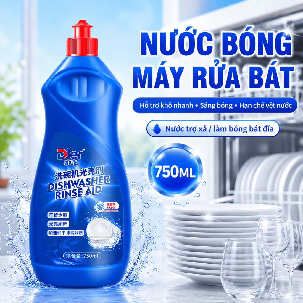 Nước Trợ Xả Máy Rửa Bát Dler 750ml, Nước Bóng Giúp Ly Cốc Sáng Bóng, Hạn Chế Đọng Nước
