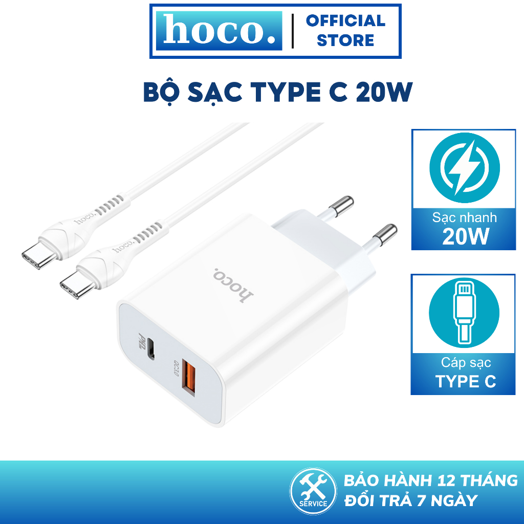 Thu thập voucher giảm 10% - bộ sạc nhanh 2 cổng usb + typec cáp typec to typec hoco hỗ trợ sạc nhanh 20w pd+qc3.0 dành cho các dòng android