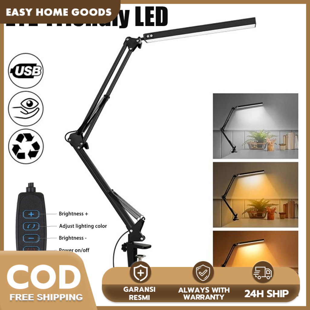 LED Folding Desk Lamp Metal Swing Long Arm Lamp Eye-Caring Dimmable Table Lamp ledFlexible Arm Table Lamp led 3 Color Modes 10 Brightness Dimming Reading Light with USB PortMemory Function 【Local shipment】