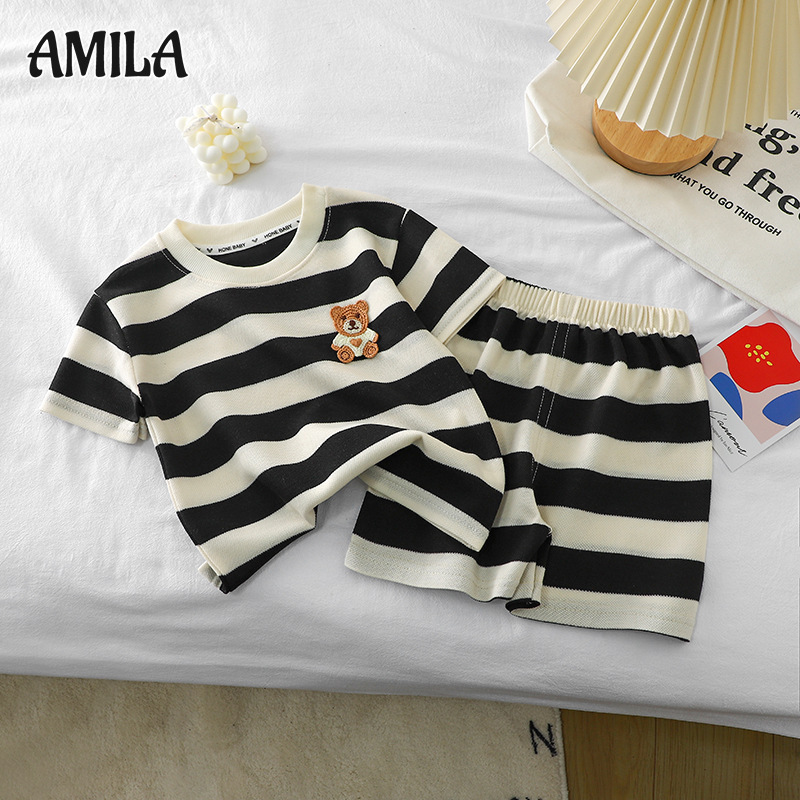 AMILA Boys and girls short-sleeved suits striped girls and boys t-shirt Korean style suits - ยี่ห้อ AMILA ราคา 135 บาท*ส่งฟรี