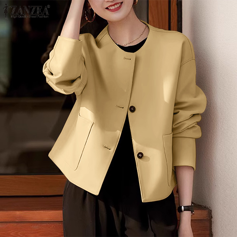 Hijabfab zanzea nữ phong cách Hàn Quốc thanh lịch túi trước áo khoác da PU nút lên tay áo dài outwear Áo khoác #10