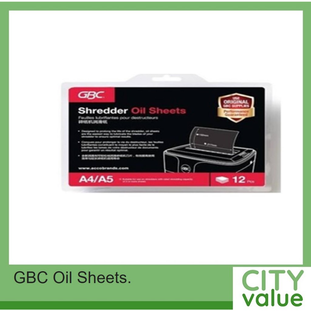 GBC Oil Sheets. Contains 12 pcs of Oil Sheets. Fits all GBC A4 sized shredders. Prolongs the life of your shredder.