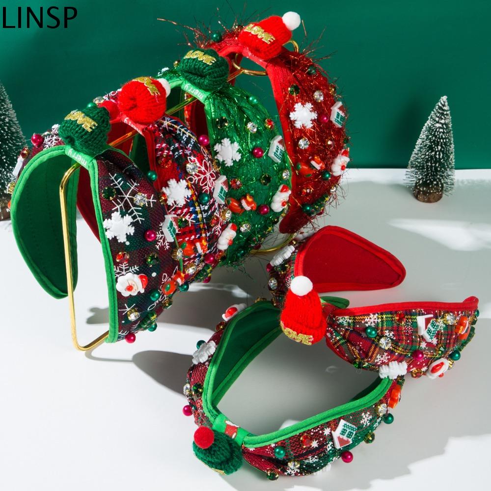 LINSP Viền rộng Băng đô giáng sinh Trang sức tóc Thời trang Băng đô thắt nút kim cương giả Sáng Tạo Nút thắt vải Băng đô hạt ngọc trai Quà Tặng