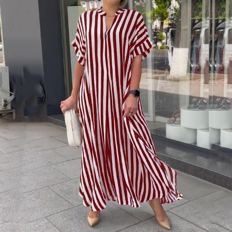 Phụ Nữ Giản Dị Xù Hem Áo Thun Áo Thời Trang Phụ Nữ V Cổ Sọc In T-Shirt Váy Mùa Hè Ngắn Tay Áo Lỏng Dài Dresses