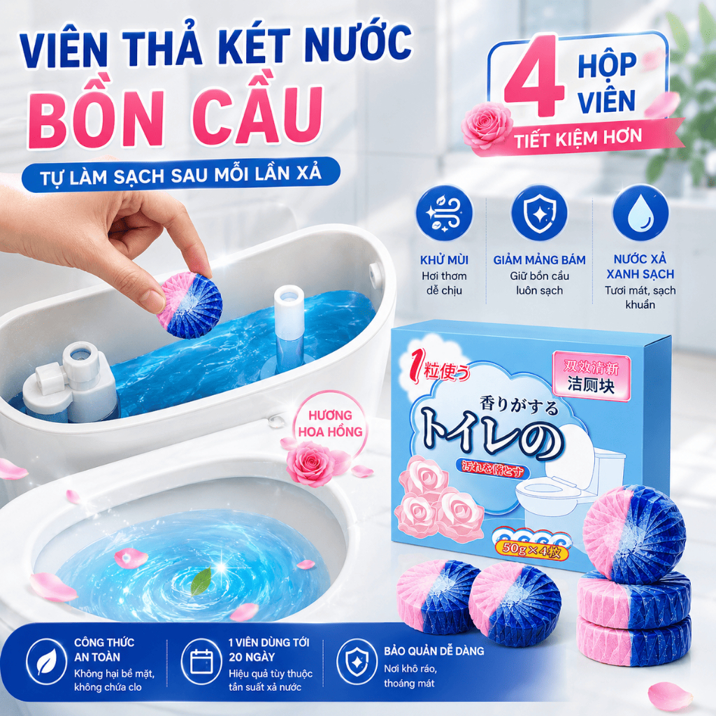 Viên thả bồn cầu Bashiyomi 2 trong 1 làm khử mùi, sạch sâu, hương thơm hoa hồng công nghệ Nhật Bản