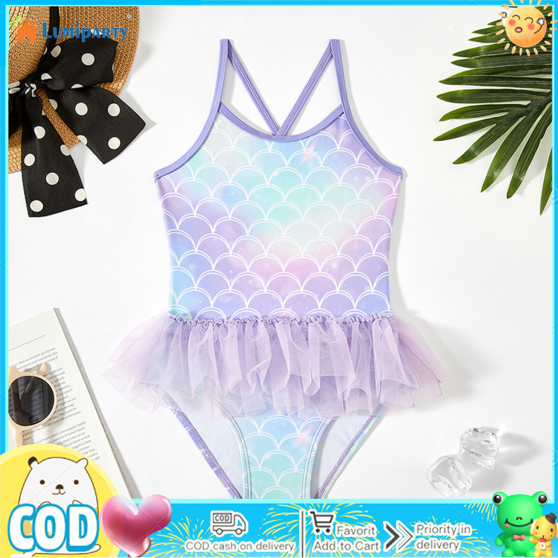 Toddler Girls Leotard Swimsuit Round Neck Princess Bodysuit Swimsuits Fish Scale Pattern Design Cross Back Bathing Suit For Swimming Infant Baby Girl ราคา 209 บาท*ส่งฟรี