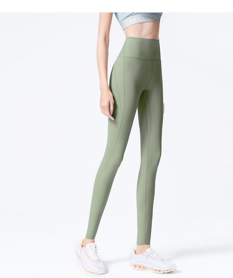 Pantaloni da yoga in lycra da donna color cammello e leggings da palestra senza cuciture