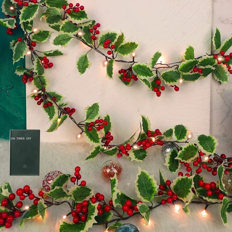 Product photo of 2 m Holly and Red Berry Garland (lit or unlit) from its Lazada listing