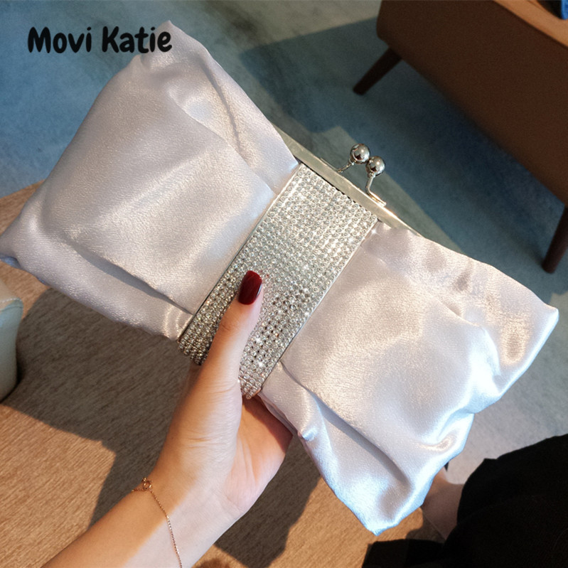 Movi Katie xu hướng Âu Mỹ nơ đính kim cương giả bóng PU Bạc Túi tiệc tối ly hợp váy đi qua túi hộp đêm của phụ nữ
