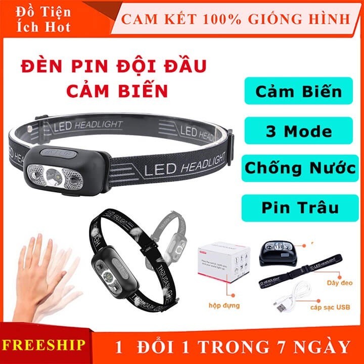 Đèn Pin LED đội đầu siêu sáng bền cảm biến bằng tay, chống thấm nước, đèn đeo trán cảm ứng 3 chế độ kèm sạc Micro USB