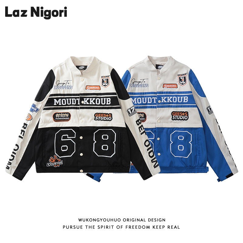 Laz Nigori American street retro detachable motorcycle jacket men and women loose couple baseball uniform racing jacket ราคา 429 บาท*ส่งฟรี