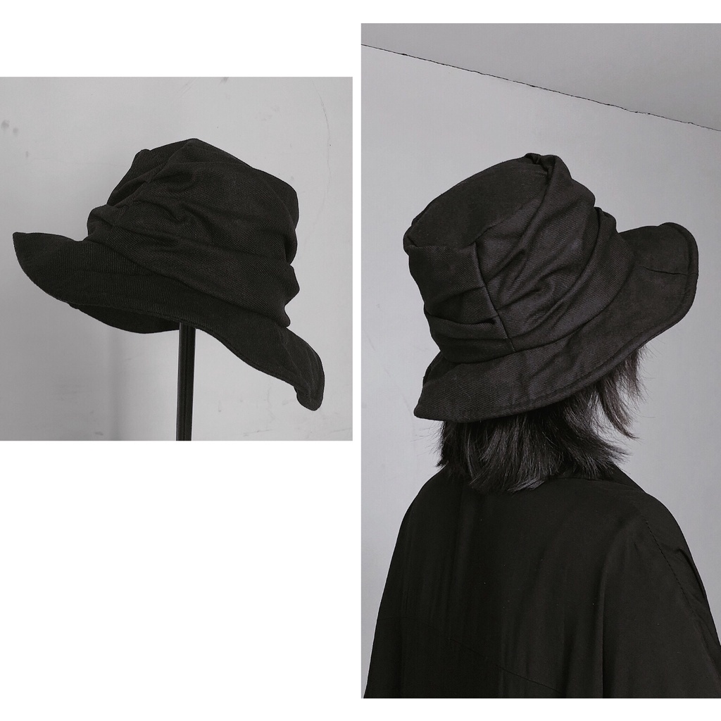 ~ Yohji Yamamoto Dark Black Pleated Fisherman Hat with Big Brim Linen Japanese Cloth Hat Unisex