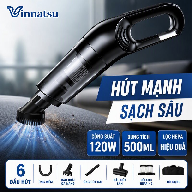 Vinnatsu Aikenn Cordless handheld vacuum cleaner strong suction 120w power 500 capacity bin HEPA filter 6 nozzle attachments for car and home cleaning