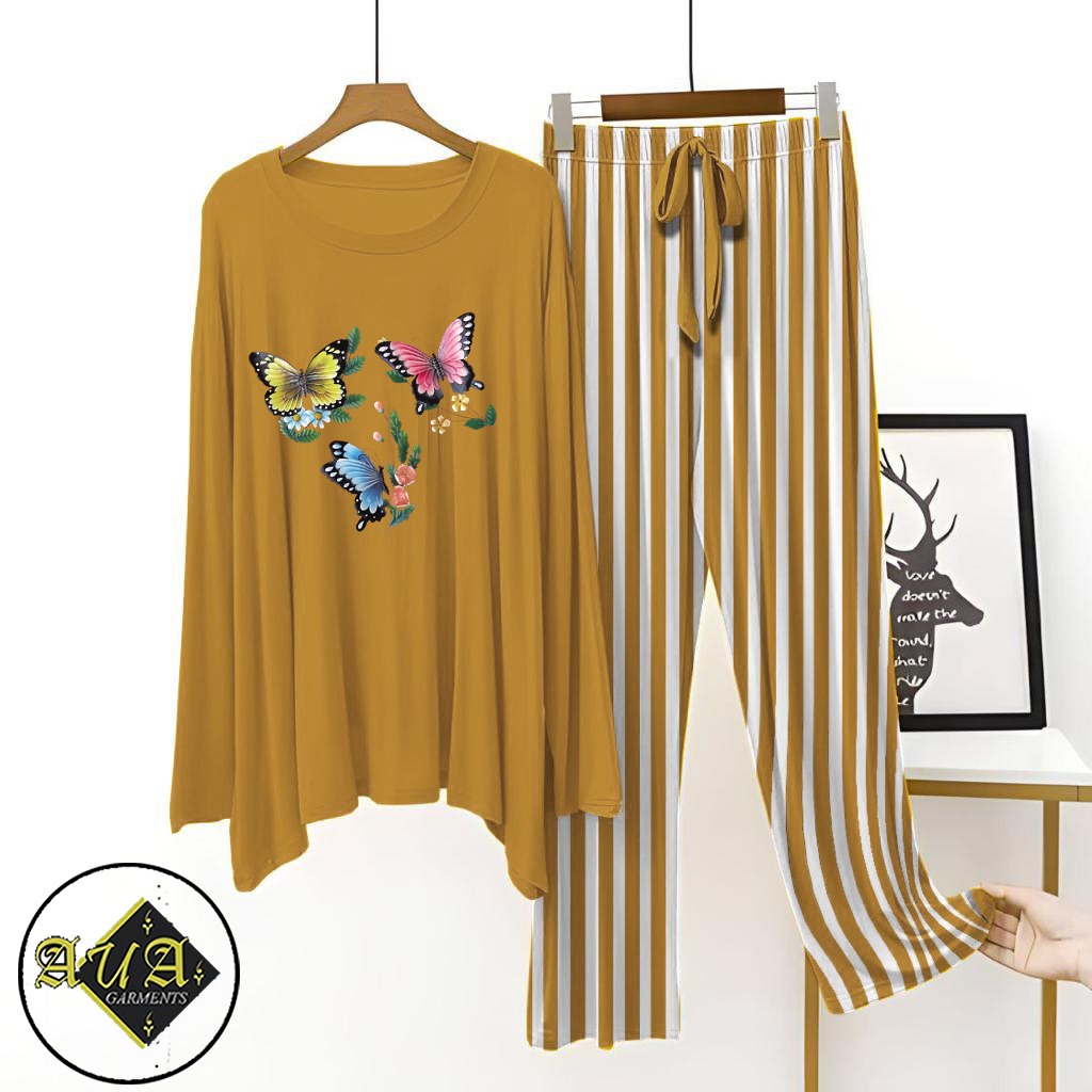 Mustard Color Women Mini Butterfly Printed Night Suit with Luxurious Lining Pajamas - Stylish Sleepwear Set For Women By Zaviyar Garments