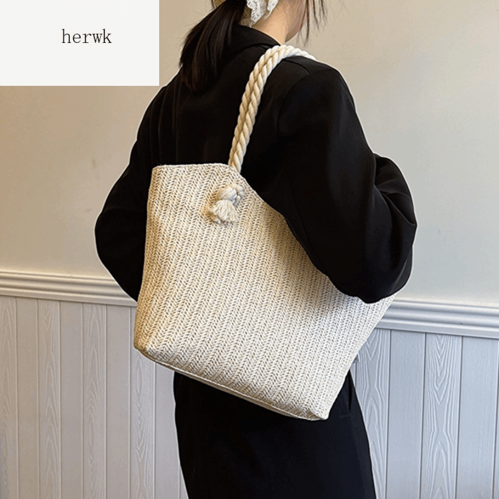 HERWK Màu đơn sắc Túi cói Dung lượng lớn Bohemian Túi xách đi biển Thường ngày Rộng rãi Túi đeo vai dưới cánh tay Nữ