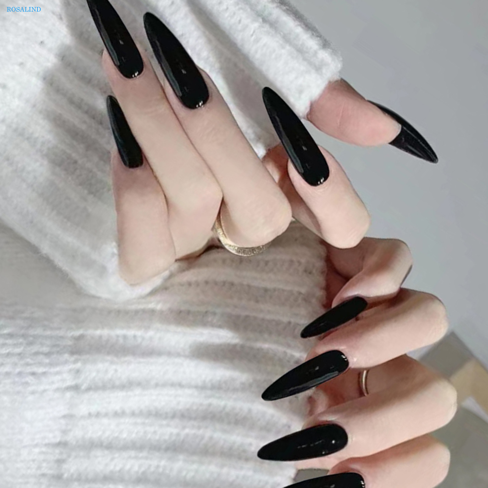 Rosalind Black Glossy Pointed Long Fake Nails Chip-Proof Smudge